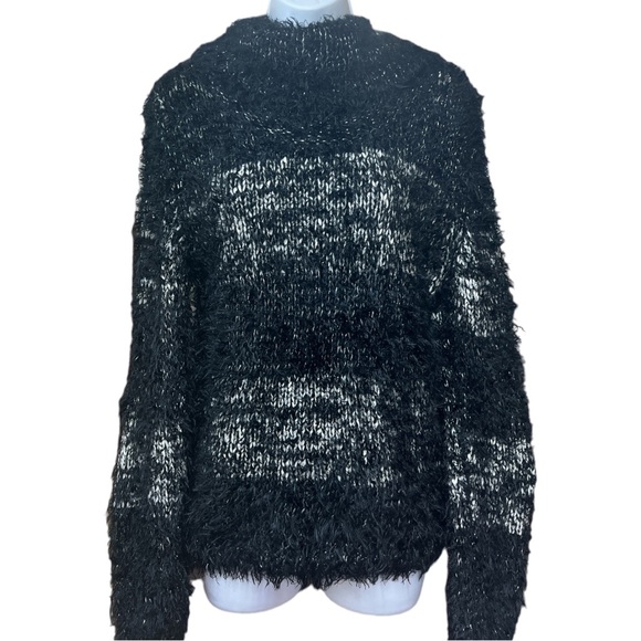 Sz L Black White Fluffy Knit Sweater Lark Lane Turtleneck - Picture 2 of 7